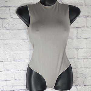 ESSENTIAL CREW NECK SLEEVELESS BODYSUIT/ NWOT/ S/M/ SMOKE
